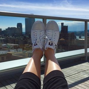 Galliano Designer White Leather Sneakers with Crystal Details